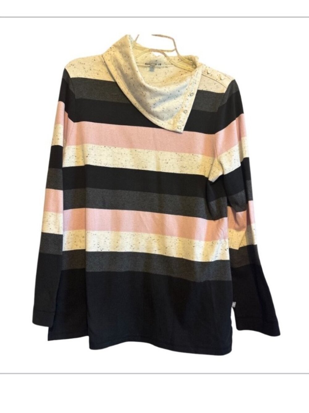 T by Talbots Blue & Pink Stripe Knit Fold Over Neck Top Size Large